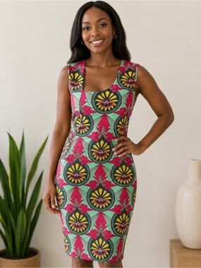 D’IYANU African Print Sheath Dress XL Stretch Ankara Bodycon Midi